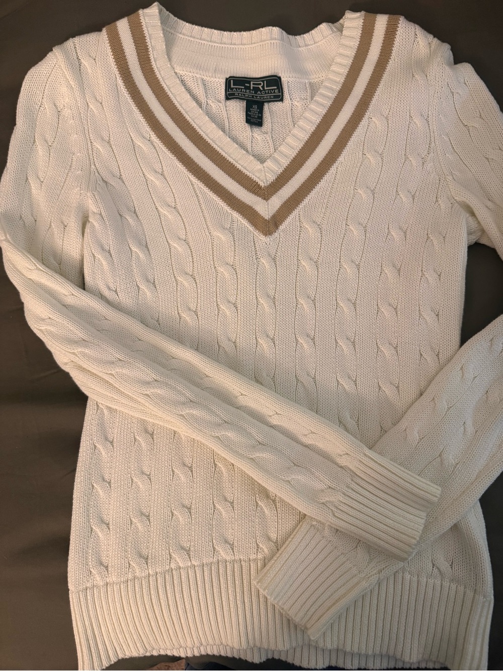 Lauren Ralph Lauren Cream Cable-Knit V-Neck Sweater with Tan Trim